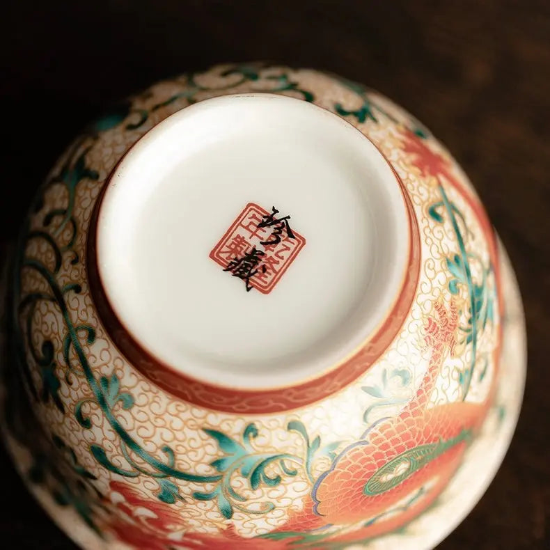 Enamel Gilded Dragon & Phoenix Ceramic Pair Cups SONG KILN