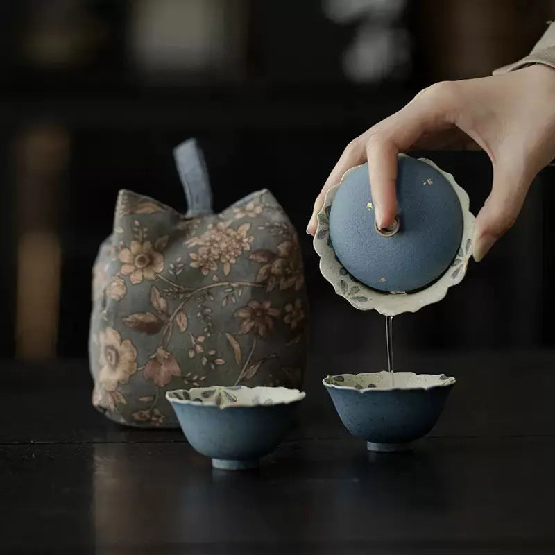 Vintage Blue Daisy Ceramic Gongfu Tea Set SONG KILN