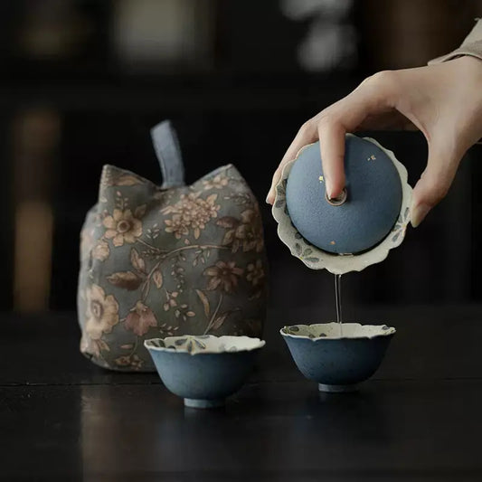 Vintage Blue Daisy Ceramic Gongfu Tea Set SONG KILN