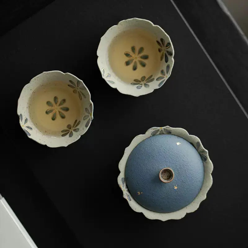 Vintage Blue Daisy Ceramic Gongfu Tea Set SONG KILN
