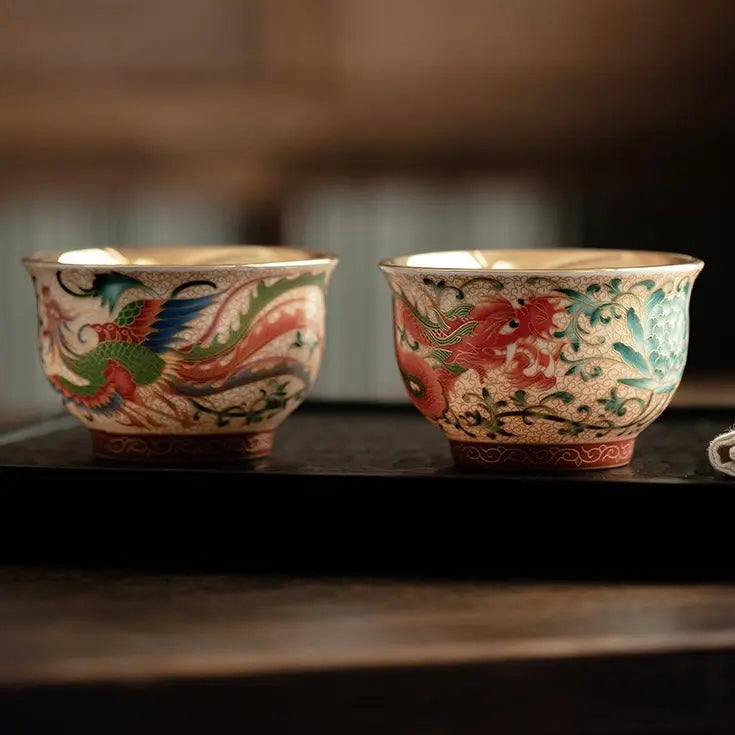 Enamel Gilded Dragon &amp; Phoenix Ceramic Pair Cups SONG KILN