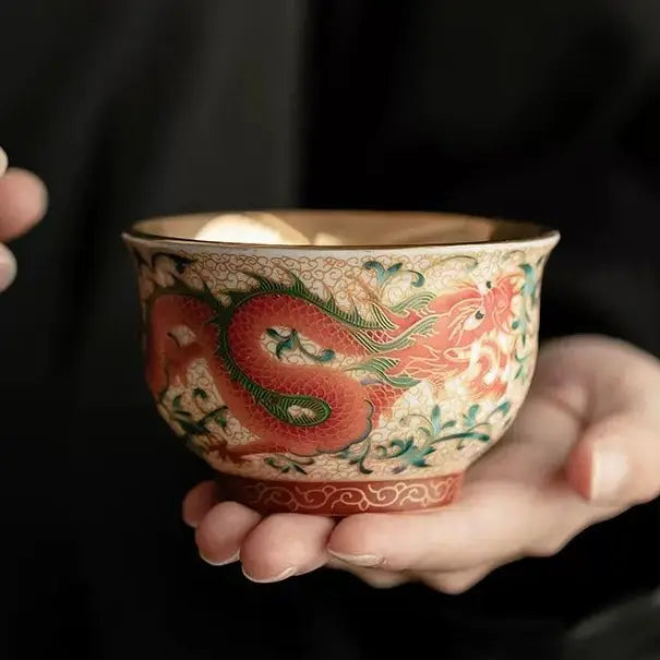 Enamel Gilded Dragon &amp; Phoenix Ceramic Pair Cups SONG KILN