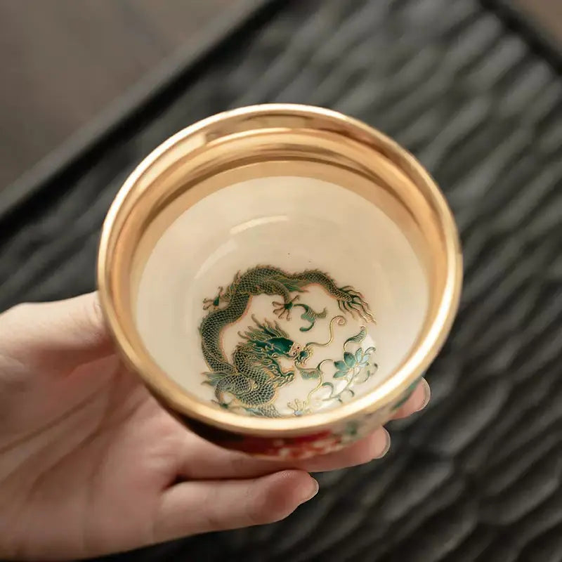 Enamel Gilded Dragon &amp; Phoenix Ceramic Pair Cups SONG KILN