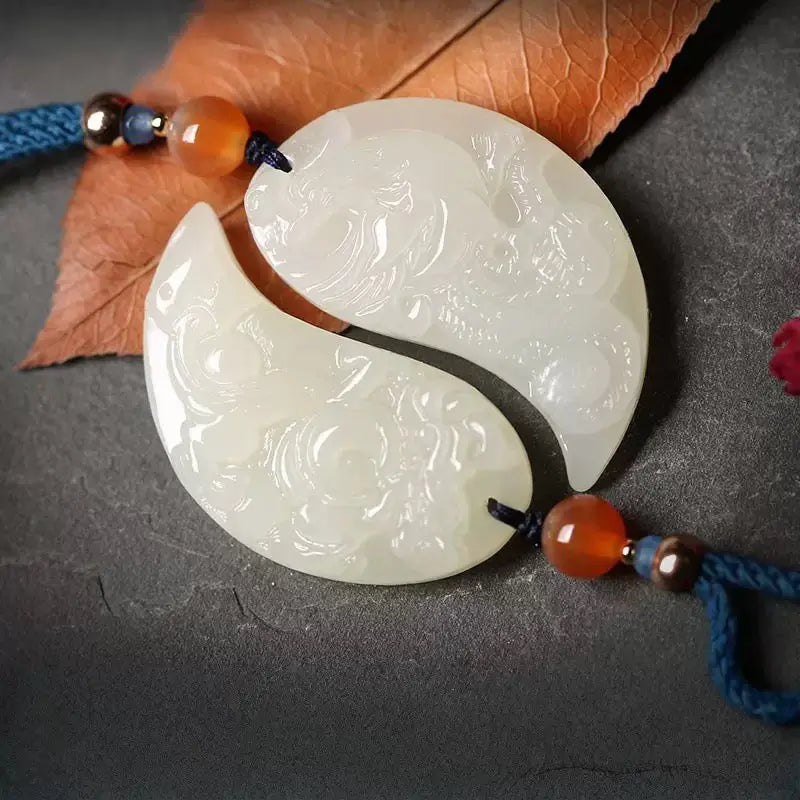 Hetian Jade Dragon Phoenix Plaque Pair, Classic Lovers Love Token Pendant SONG KILN