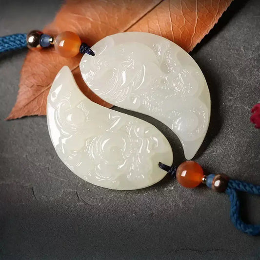 Hetian Jade Dragon Phoenix Plaque Pair, Classic Lovers Love Token Pendant SONG KILN