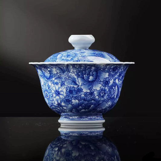 Fully Hand-Painted Blue Wanhua Sunflower-rim Gaiwan