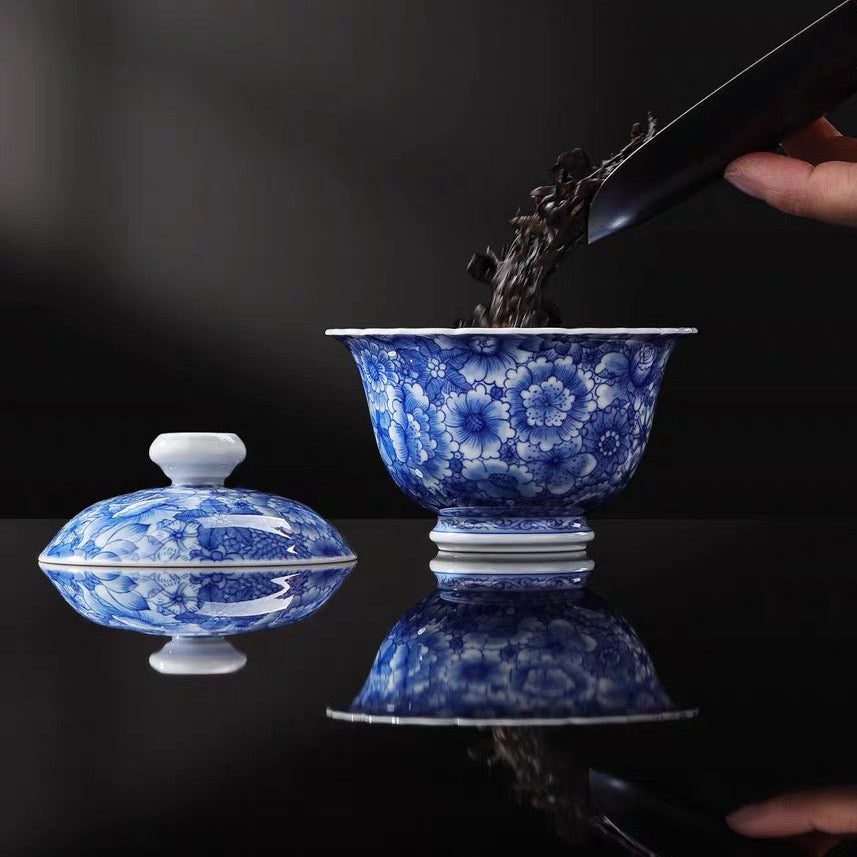 Complete SONGKILN museum-grade porcelain gaiwan set with lid and base, hand-painted underglaze blue Wanhua pattern for gongfu tea

