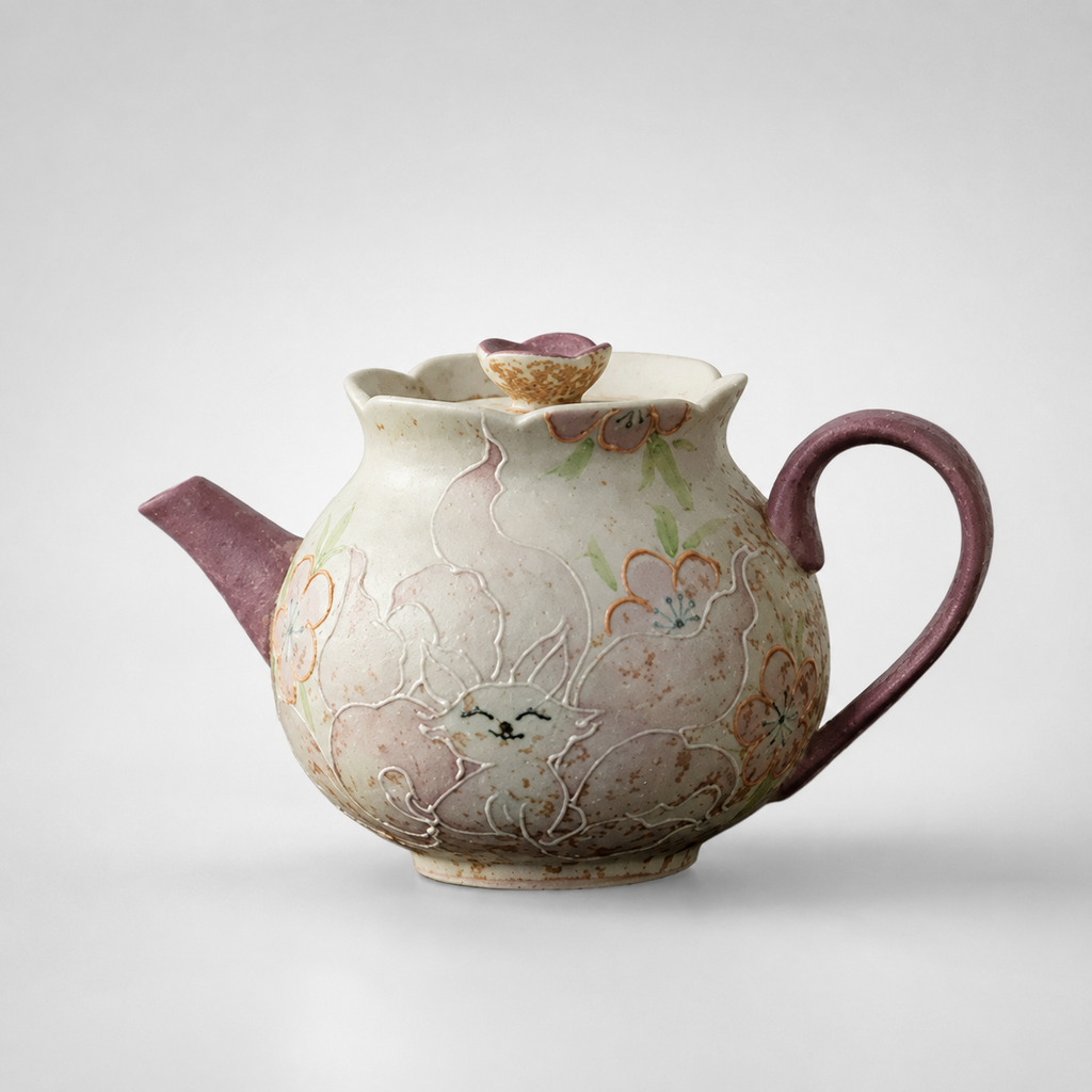 Hand-painted fox floral porcelain gongfu teapot with petal-shaped rim, vintage muted glaze oriental brewing tea ware from SONGKILN