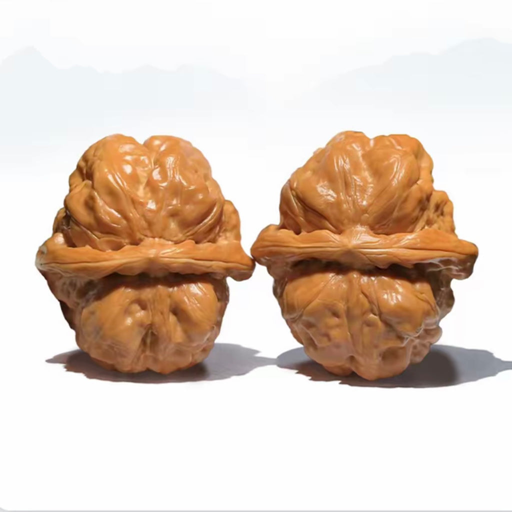 Hand polished natural Chinese wen walnut pair SONG KILN, vintage oriental hand exercise collectible craft for hobbyists