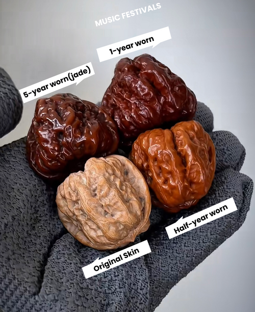 This timeline gallery records the complete color and texture transformation of traditional Chinese wenwan walnuts under years of constant palm polishing. Without chemical dyes or artificial treatments, every warm amber, honey, agate-red and jade-like tone forms naturally from skin oils, sweat and long-term oxidation.
New raw walnuts carry pale plain wood tones. With 1, 3, 5 and over 10 years of hand play, the surface slowly vitrifies into glossy translucent patina, forming a one-of-a-kind