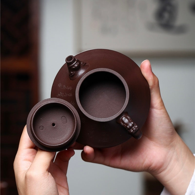 Close-up inner cavity detail of semi-artisanal Yixing raw Zhuni zisha teapot, fully hand-polished spout and interior finished by senior Yixing craftsmen SONGKILN