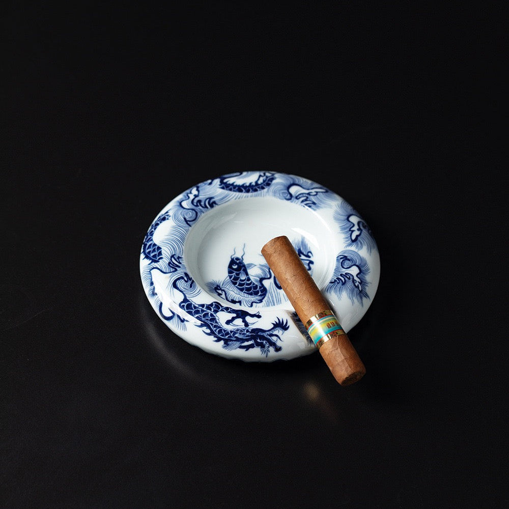 Handcrafted artisanal Jingdezhen porcelain cigar ashtray SONGKILN, oriental decor for cigar lounge and gentleman collection