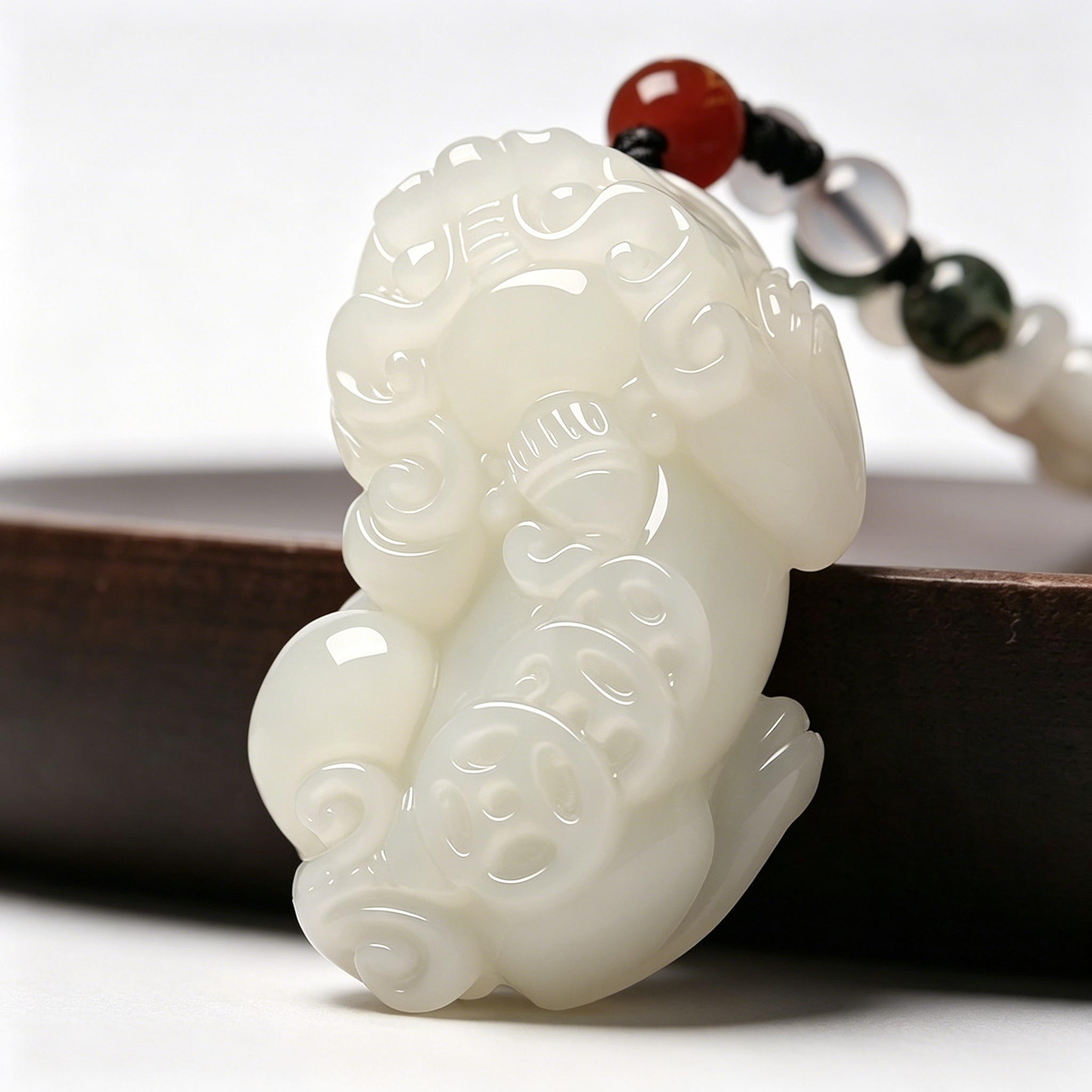 Intricately carved natural Hetian white jade pixiu coin-back pendant from SONGKILN, oriental wealth protection talisman necklace with smooth milky jade luster