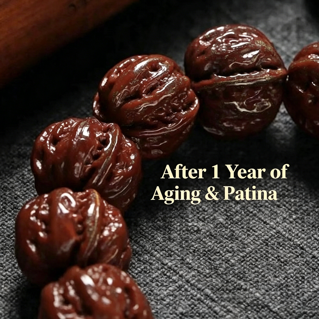 Display of natural reddish-brown jade-like patina formed after long-term palm rubbing on SONGKILN wenwan walnut worry bead bracelet, vintage aging craft ornament