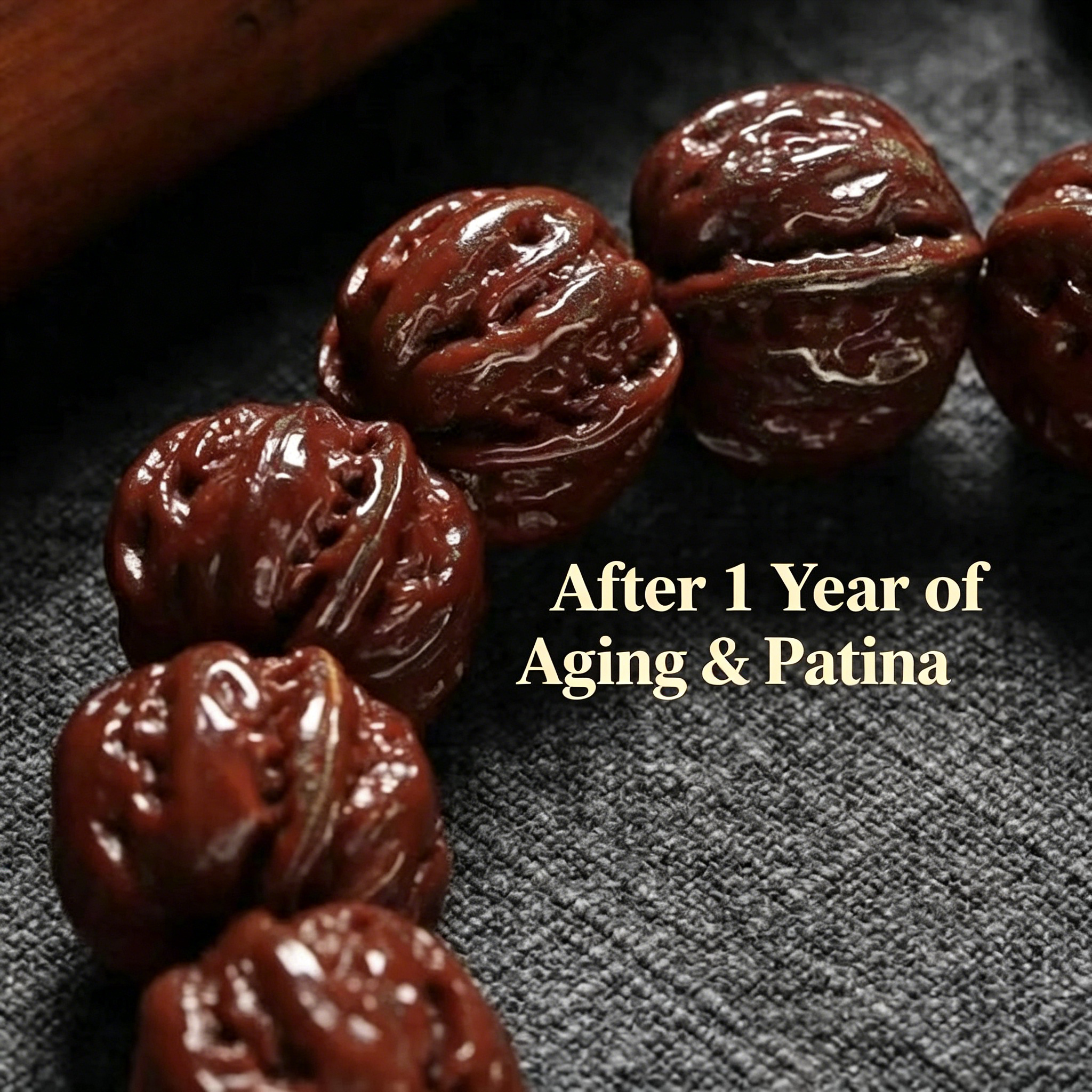 Display of natural reddish-brown jade-like patina formed after long-term palm rubbing on SONGKILN wenwan walnut worry bead bracelet, vintage aging craft ornament